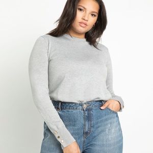 ELOQUII Button Cuff Crewneck Sweater in Grey with Gold Buttons Size: 26W/28W